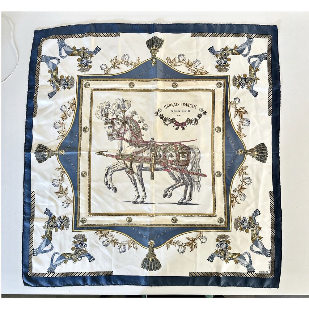 VINTAGE HERMES SCARF HARNAIS FRANCAIS BLUE 100% SILK - Picture 2 of 16